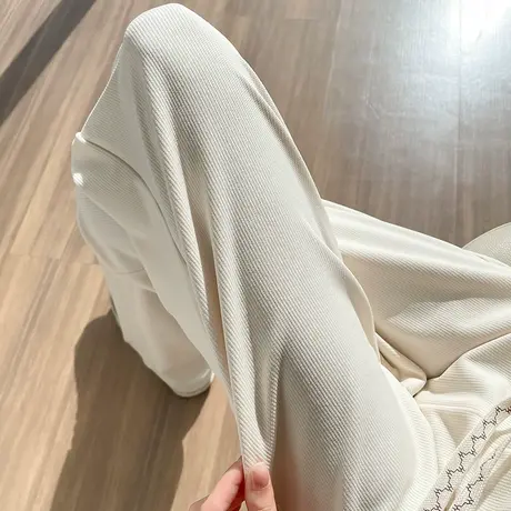 白色窄版阔腿裤女夏季薄款垂感运动裤休闲针织高腰直筒拖地裤子商品大图