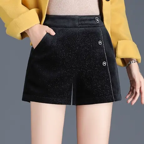 时尚黑色性感呢料阔腿裤女2023秋冬新款高腰显瘦外穿百搭简约短裤图片