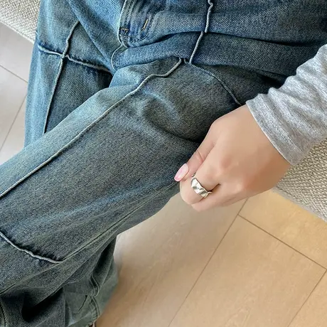 复古牛仔裤女2024春秋新款高腰宽松显瘦百搭拼接设计感小众直筒裤商品大图