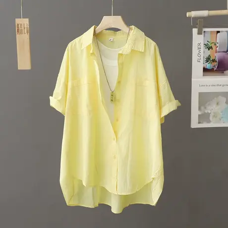 夏季外搭短袖衬衫女薄外套开衫中长款宽松休闲纯棉衬衣设计感上衣商品大图