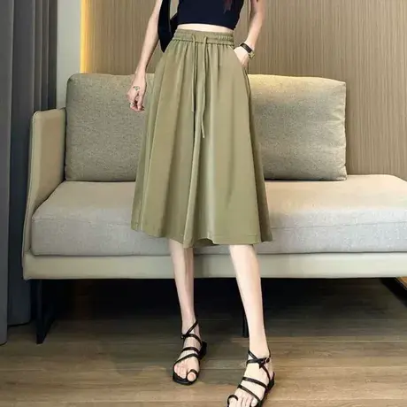 冰丝裙裤女高腰夏薄2024新款宽松休闲裤显瘦小个子垂感七分阔腿裤商品大图