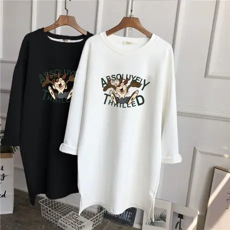 长袖t恤女纯棉大码韩版宽松中长款上衣打底衫内搭磨毛加厚秋冬潮商品大图