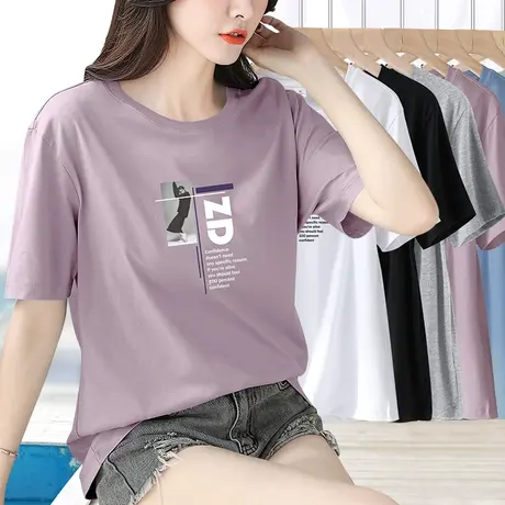 2025年新款夏装浅紫色纯棉上衣宽松短袖t恤女装夏季半袖体恤女士图片