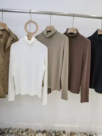 高领打底衫女春秋冬时尚洋气内搭堆堆领修身显瘦长袖t恤纯色上衣商品大图