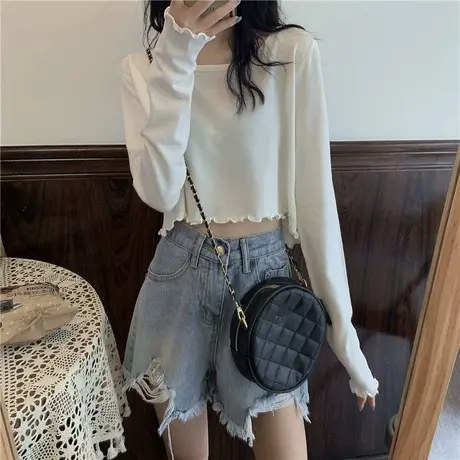 长袖t恤女ins潮2023春秋新款韩版显瘦打底衫百搭短款上衣配高腰裤图片