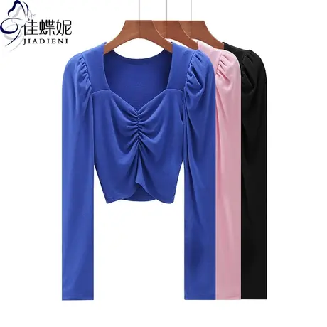 春季新款韩版方领修身纯棉褶皱泡泡袖短款长袖体恤上衣内搭女打底商品大图