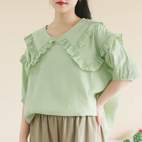 【买一送一】夏新品荷叶娃娃领短袖衬衫大码法式大翻领宽松上衣商品大图