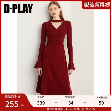 DPLAY冬新气质半高领领口镂空红色针织连衣裙毛衣长裙女图片