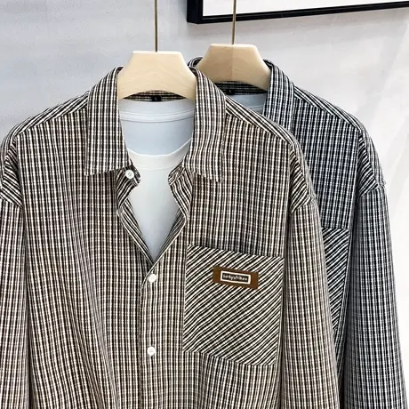格子衬衫男士美式休闲痞帅复古宽松潮牌衬衣长袖男外穿春秋季新款商品大图