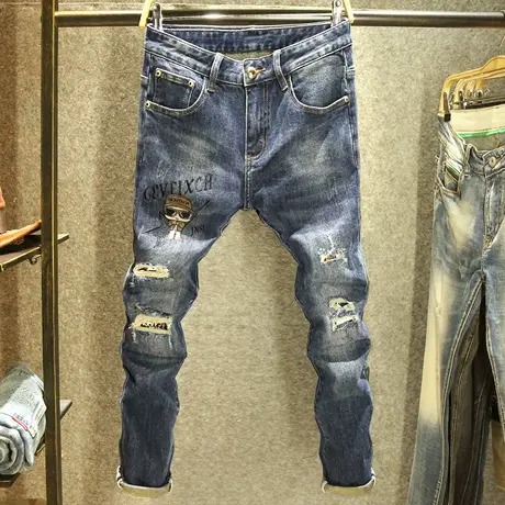 高端手工刺绣韩版牛仔裤男秋冬款修身小脚裤潮牌破洞补丁蓝色裤子商品大图