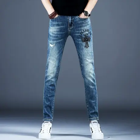 欧洲站刺绣破洞牛仔裤男款小脚修身秋冬新款男士高档花裤子男潮流商品大图