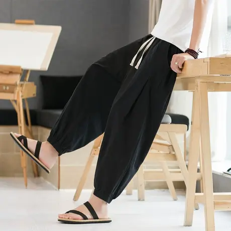 九分裤男夏季亚麻休闲裤薄中国风棉麻裤子大码男裤宽松束脚哈伦裤商品大图