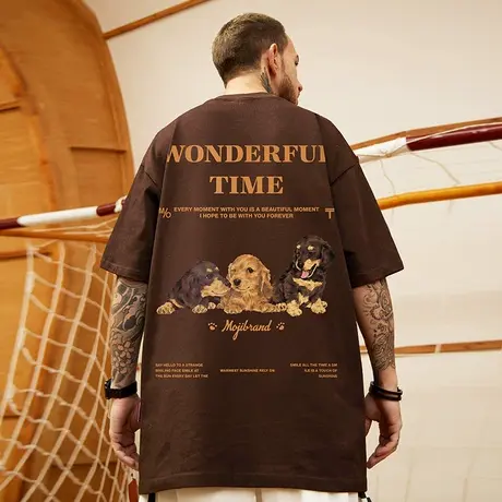 夏季纯棉短袖男美式设计感小众情侣宽松大码t恤胖子潮流咖色体恤商品大图