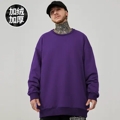 大码卫衣圆领男潮加肥加大纯色打底帽衫带帽宽松加绒加厚无帽秋冬图片