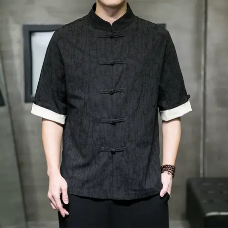 夏棉麻短袖衬衫男中国风提花衣服复古盘扣半袖男装加大码个性上衣图片