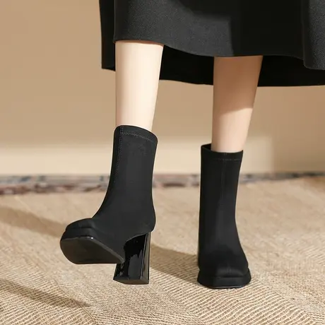 黑色粗跟瘦瘦靴女2024秋季新款高跟短靴后拉链小踝靴女切尔西靴子图片