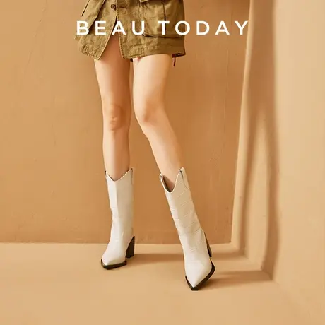 BeauToday中筒靴女2023新款BT真皮牛仔靴白色高跟尖头弹力女靴图片
