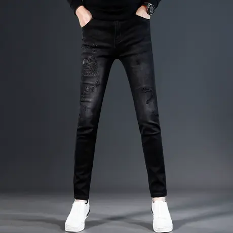 欧美刺绣牛仔裤男款修身小脚秋冬款黑色高端弹力潮流男士裤子商品大图