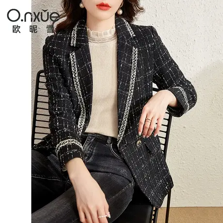 欧昵雪2023秋冬新款翻领修身长袖粗纺小香风西装短外套女格纹西服商品大图