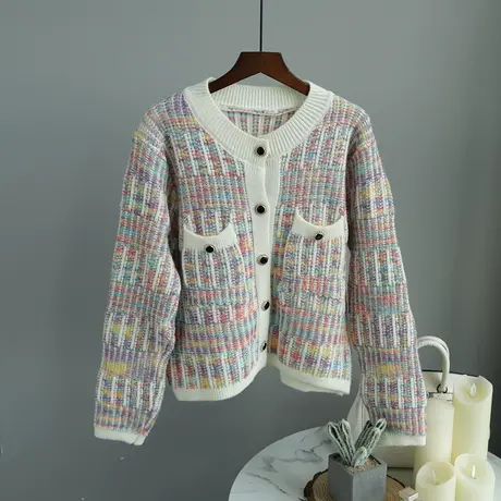 【直播】粉红大布娃娃甜美气质小香风短款针织开衫商品大图