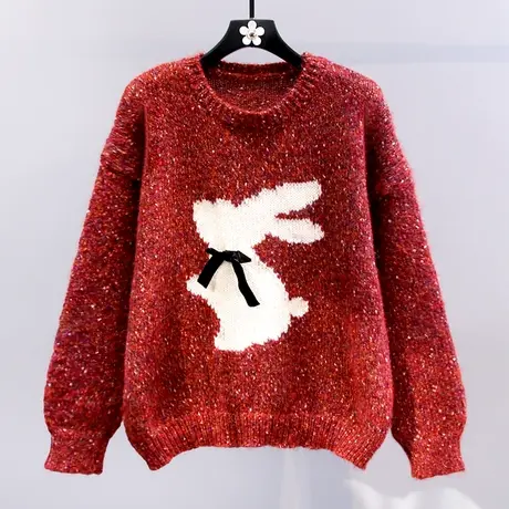 新年红色卡通兔子蝴蝶结毛衣女冬季2023新款宽松慵懒风减龄针织衫商品大图