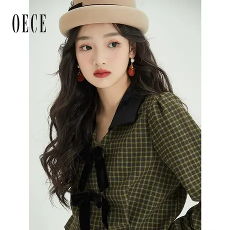 Oece复古绿格纹衬衫2022秋冬新款女装气质设计感小众衬衣女上衣商品大图