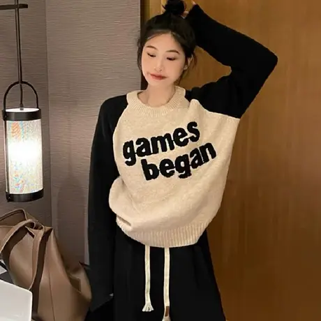 美拉德撞色长袖毛衣女秋冬2023新款字母设计感宽松慵懒风针织上衣图片