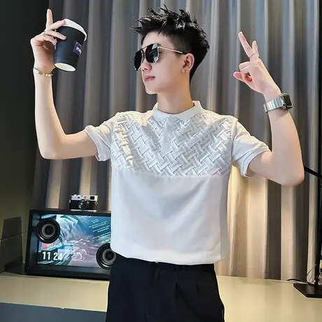 男士POLO衫夏季短袖T恤男装拼接2023新款半截袖设计感薄款半袖商品大图