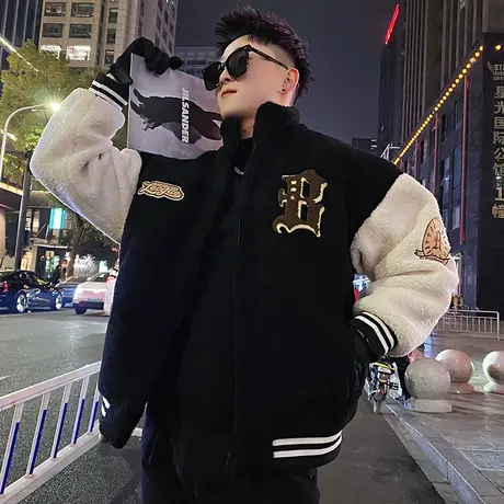 美式字母刺绣摇粒绒棉衣男冬季情侣立领宽松加厚羊羔毛加棉外套商品大图