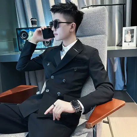 高级复古双排扣西装单西修身纯色商务通勤礼服春秋季休闲西服外套商品大图