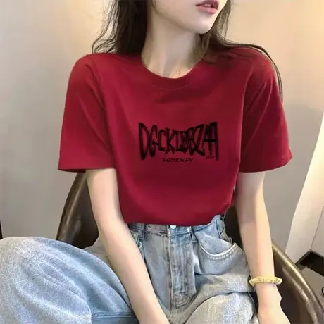 黑色T恤女2024年新款夏季纯棉短袖ins百搭大码简约宽松半袖打底衫商品大图