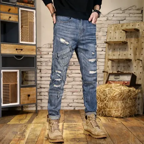 破洞拼接浅蓝美式高街牛仔裤潮流大码牛仔裤高档潮牌牛仔裤休闲男商品大图
