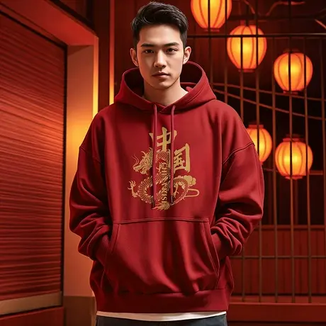 龙年纯棉本命年连帽卫衣男春季薄款男装宽松酒红色新款情侣外套商品大图