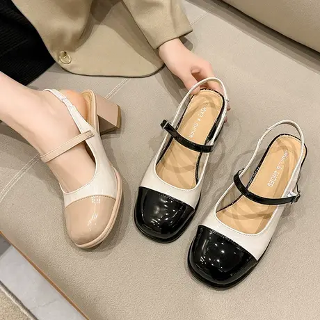 法式包头凉鞋女2024年春夏新款时尚百搭粗跟通勤一字扣带防滑单鞋商品大图