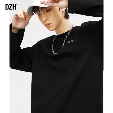 男士潮牌长袖t恤男春季纯棉2024新款印花圆领上衣黑色打底衫内搭商品大图