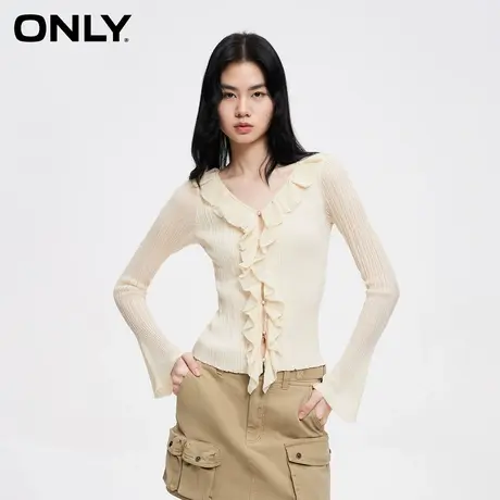 ONLY奥莱夏季设计感荷叶边喇叭袖开衫长袖针织衫女图片
