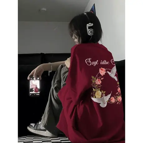 酒红色美式复古短袖t恤女纯棉夏季小众设计感潮牌ins宽松半袖上衣商品大图