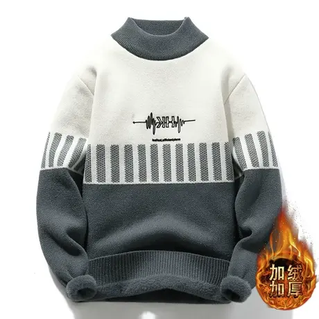 冬季高中学生半高领毛衣男加厚青少年一体绒针织衫男孩毛线衣潮流商品大图