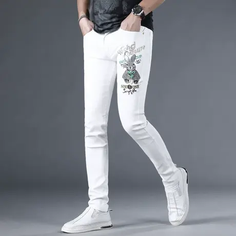 高端白色刺绣牛仔裤男款修身小脚夏季2024新款潮牌弹力男士裤子薄商品大图