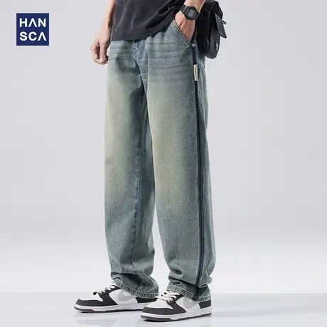 hansca宽松直筒牛仔裤男春季新款美式复古水洗做旧大码休闲长裤子商品大图
