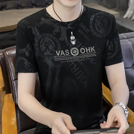 夏季男士短袖T恤潮牌圆领冰丝修身透气上衣男装休闲提花半袖体恤商品大图