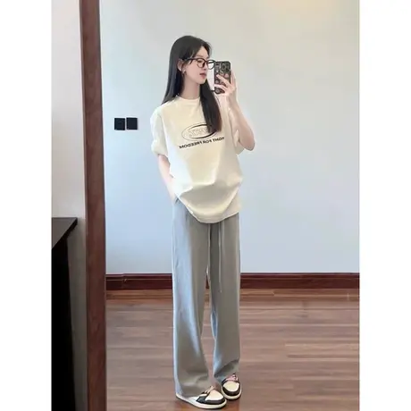 纯棉韩系薄款短袖T恤女2024年夏季宽松显瘦高腰印花圆领打底上衣商品大图