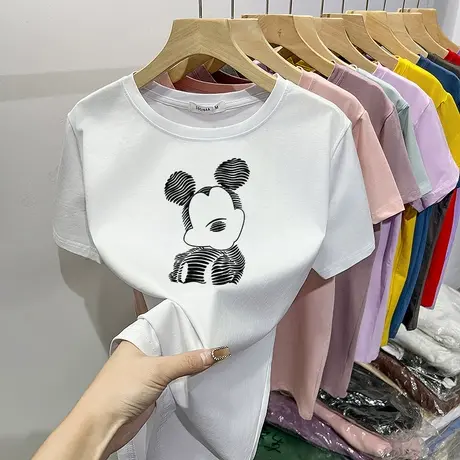 2024新款爆款夏季白色t恤女纯棉短袖正肩凉感高品质米奇印花上衣图片