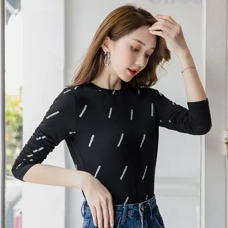 2022新款磨毛加绒打底衫女秋冬字母网红长袖t恤圆领紧身内搭上衣商品大图