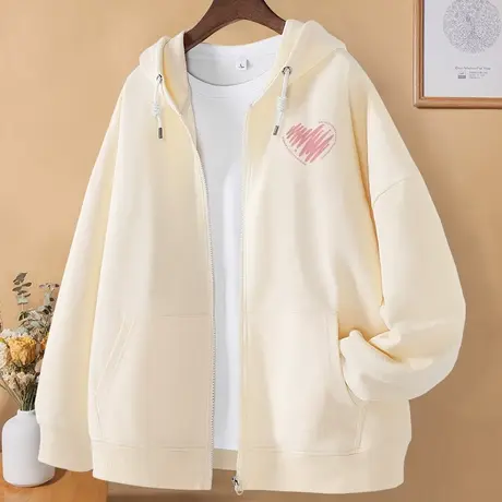 开衫连帽卫衣女春秋oversize薄款拉链女装外套米色设计感宽松上衣商品大图