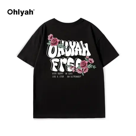 Ohlyah2023夏新款复古做旧玫瑰花短袖男女宽松t恤情侣装潮牌显瘦商品大图
