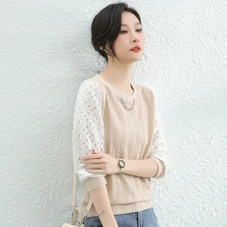 韩潮袭人拼接镂空雪纺蕾丝衫上衣女2023年秋季新款圆领长袖t恤薄图片