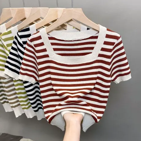 u领条纹冰丝针织衫女2023春夏秋新款打底衫短款上衣薄短袖t恤衫潮商品大图