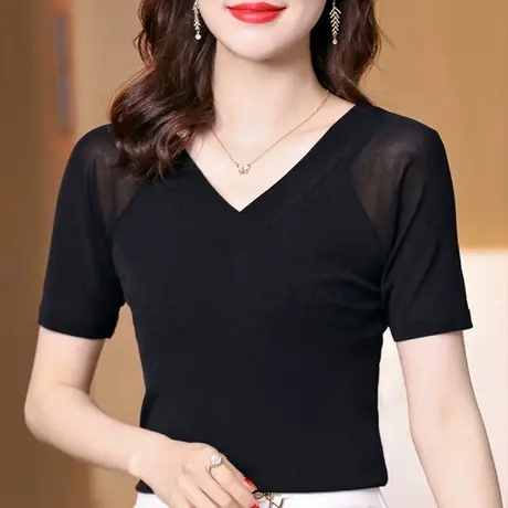 黑色短袖t恤女内搭v领显瘦遮肚2023夏季气质上衣百搭网纱打底衫薄商品大图