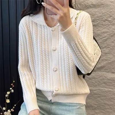 秋季2023新款麻花设计感毛衣针织开衫外套女外搭宽松短款长袖上衣商品大图
